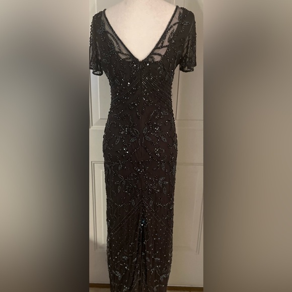 Pisarro Nights Cosmic Navy Beaded Gray Mesh Column  Formal Party Gown Size 4 - Picture 4 of 11
